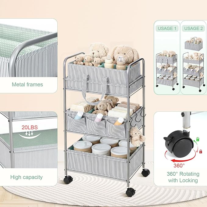 WILLBOND 2 in 1 Baby Diaper Caddy Organizer Cart, 3 Tier Large Stripe Bedside Rolling Cart Metal for Baby Essential with Divider for Newborn Registry Must Have Nursery Bedroom Mother Gift(Green)