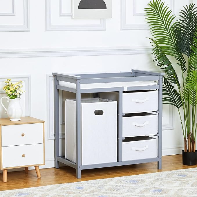 Garvee Wooden Baby Changing Table,Modern Diaper Changing Table,Infant Diaper Station Dresser with Laundry Hamper, 3 Drawer Basket- Storage Organizer for Baby Clothes, Diapers & Toys