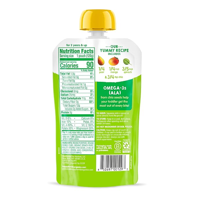 HAPPYTOT Organics Stage 4 Baby Food Pouches, Gluten Free, Vegan Snack, SuperFoods Fruit & Veggie Puree, Pears, Mango, Spinach & Chia, 4.22 Ounce (Pack of 1)