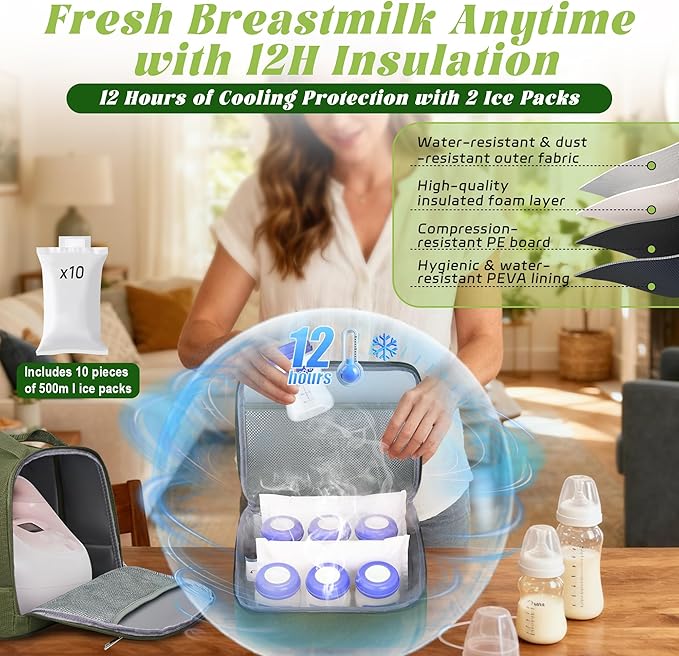 Breast Pump Bag with Insulated Cooler, Double-Layer Pumping Bag for Work & Travel, Fits Most Electric Breast Pumps, Includes 10 Ice Packs & Waterproof Mat, Detachable Bottle Cooler Tote, Green