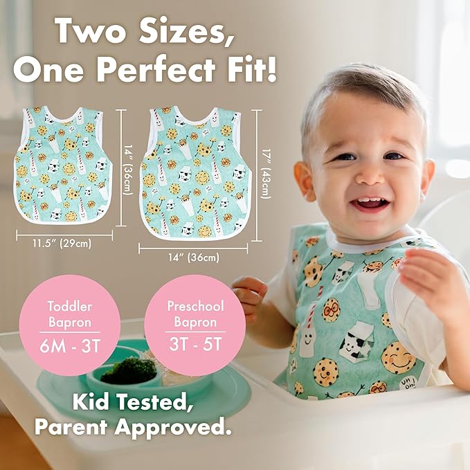 BapronBaby Cookies & Milk Bapron - No Neck Tie Safer Bib for Baby & Toddler - Soft Waterproof Stain Resistant - Machine Washable - Sz Preschool 3-5yrs