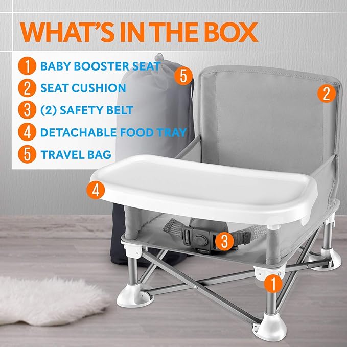 Serene Life Baby Seat Booster -Space Saver Toddler Booster Seat - Portable Pop and open Sit Folding Booster Feeding Chair - Safety Belt/Food Tray/Travel Bag - SereneLife SLBS66, Grey, 6 Piece Set