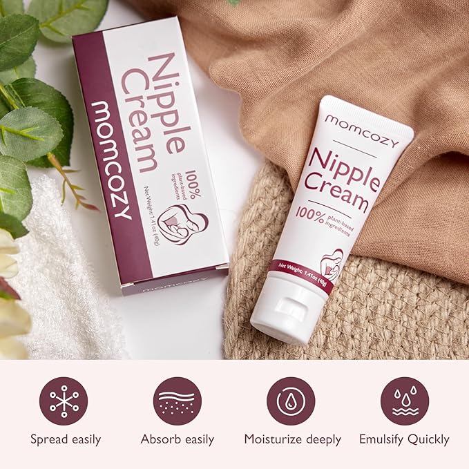 Momcozy Nipple Cream Safe for Breastfeeding, No Wipe Off Lanolin-Free Nipple Balm, Soothing Cream, Breastfeeding Essentials for Nursing & Pumping Moms, 1.41 oz