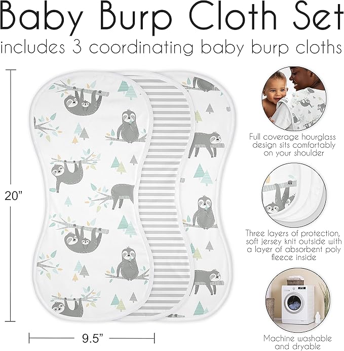 Sweet Jojo Designs Blue Jungle Sloth Baby Boy Girl Absorbent Burp Cloths Infant Newborn Turquoise Grey and Green Tropical Gender Neutral Botanical Leaf Rainforest Animal 3 Pack Set Dribble Drool