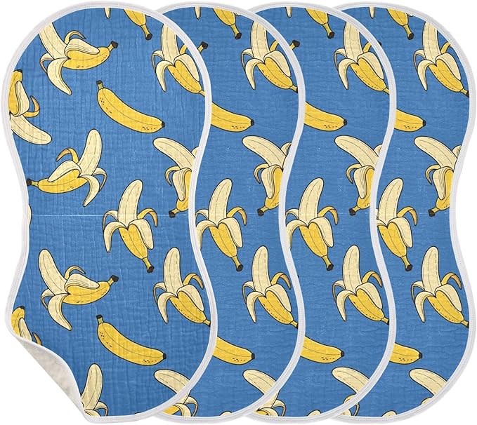 4 Pack Muslin Burp Cloths Cartoon Banana Blue Print Cotton Baby Burp Cloths Absorbent Soft Burping Cloth Washcloths for Newborn Babies 22x11 Inch