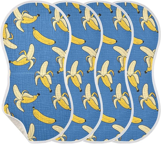4 Pack Muslin Burp Cloths Cartoon Banana Blue Print Cotton Baby Burp Cloths Absorbent Soft Burping Cloth Washcloths for Newborn Babies 22x11 Inch