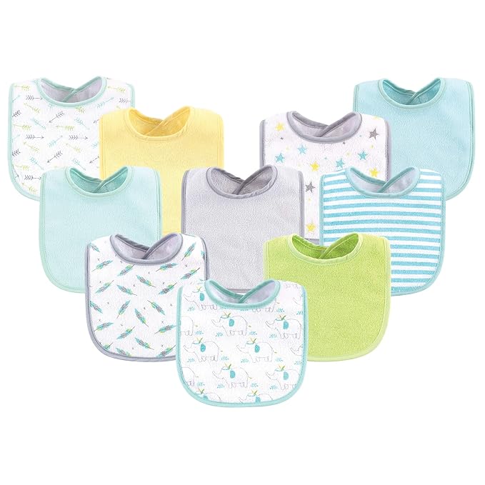 Luvable Friends Unisex Baby Cotton Terry Bibs, Neutral Elephant Stars, One Size