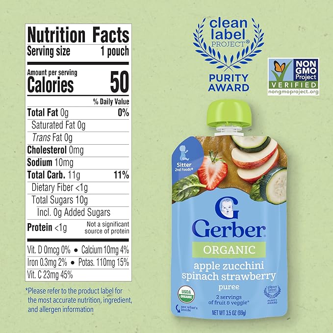 Gerber Stage 2 Baby Food, Organic Apple Zucchini Spinach Strawberry Puree Pouch, 2 Servings of Fruit & Veggie, No Added Sweetener, No Artificial Colors or Flavors, 12-Pack