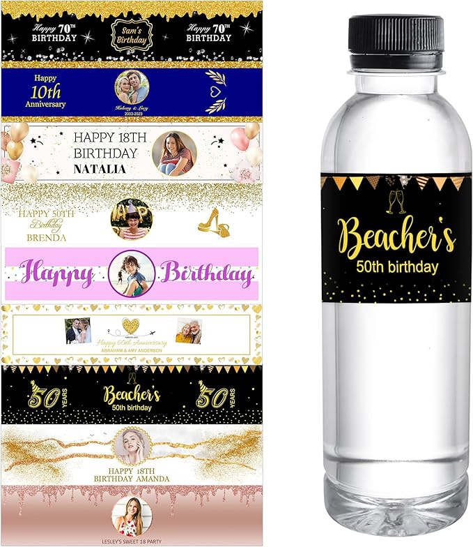Personalized Water Bottle Labels for Birthday Anniversary Custom Happy Birthday Labels with Name for Water Bottle Stickers Waterproof Printable Photo Bottle Labels Gifts 50 Pcs