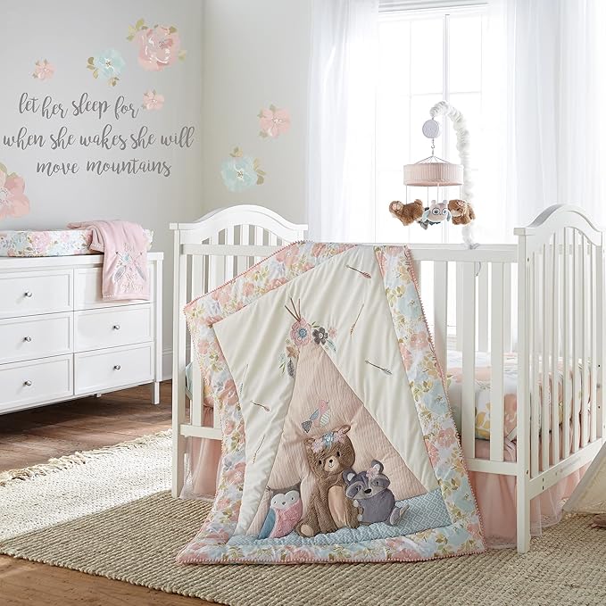 Levtex Baby - Malia Plush Blanket - Embroidered Flowers and Feathers on Pink Plush - Pink, Grey, and Green - Nursery Accessories - Blanket Size: 30 x 40 in.