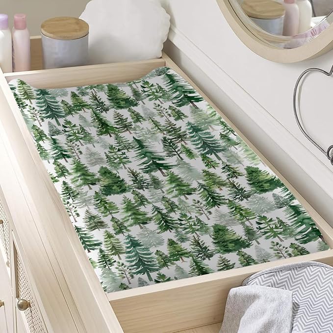 Watercolor Green Baby Changing Pad Cover Pine Trees Diaper Changing Table Sheets for Boy Girl Winter Forest Soft Breathable Stretch Fitted Nursery Change Table Mats 32''x16''
