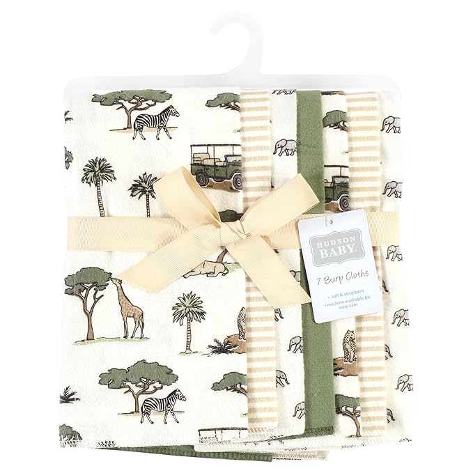 Hudson Baby Unisex Baby Cotton Flannel Burp Cloths, Going On Safari 7-Pack, One Size