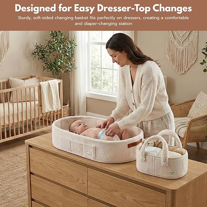 PeraBella Baby Changing Basket for Dresser Top, Baby Moses Basket for Newborn, Portable Diaper Changing Pad Table Topper for Dresser, Includes Diaper Caddy Organizer with Handle, Moses Bassinet Mat | Plush Exterior, Breathable Pad, Waterproof Layer, St...