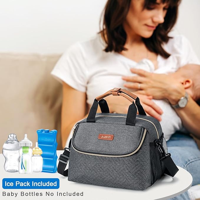 Breastmilk Cooler Bag with Ice Pack Fits 6 Baby Bottles up to 9 Ounce, Wearable Breast Pumps Cooler Bag for Nursing Mom Daycare, Work, Travel- Dark Grey