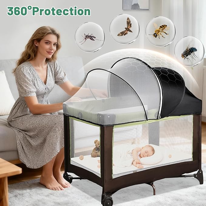 Pack N Play Tent Cover & Bassinet Canopy - Half-Blackout Breathable Mosquito Net with 2-Way Zipper for Bassinet, Travel Crib, Mini Crib & Playpen to Keep Cats Out (Black-Large)