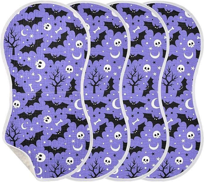 Muslin Burp Cloths for Baby Boys and Girls - 4-Pack Ultra Absorbent Halloween Bats Muslin Washcloths, Newborn Towel, Milk Spit Up Rags, Burp Cloth Bib for Unisex, 22 x 11 Inch