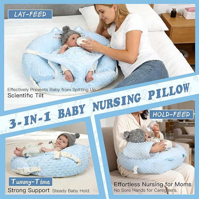 3-in-1 Multifunctional Breastfeeding Pillows, Baby Nursing Pillow with Sloped Design, Reflux Pillow for Baby, Newborn Babies Essentials Gifts (Blue)