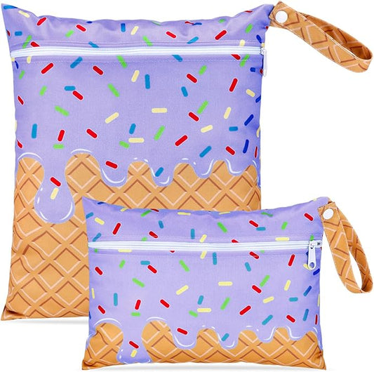 SATINIOR 2 Pack Wet Dry Bags Ice Cream Waterproof Pouch Large & Small Makeup Bag Baby Wet Bags Zipper Pouch for Baby Women Diapers Cloth(Purple)