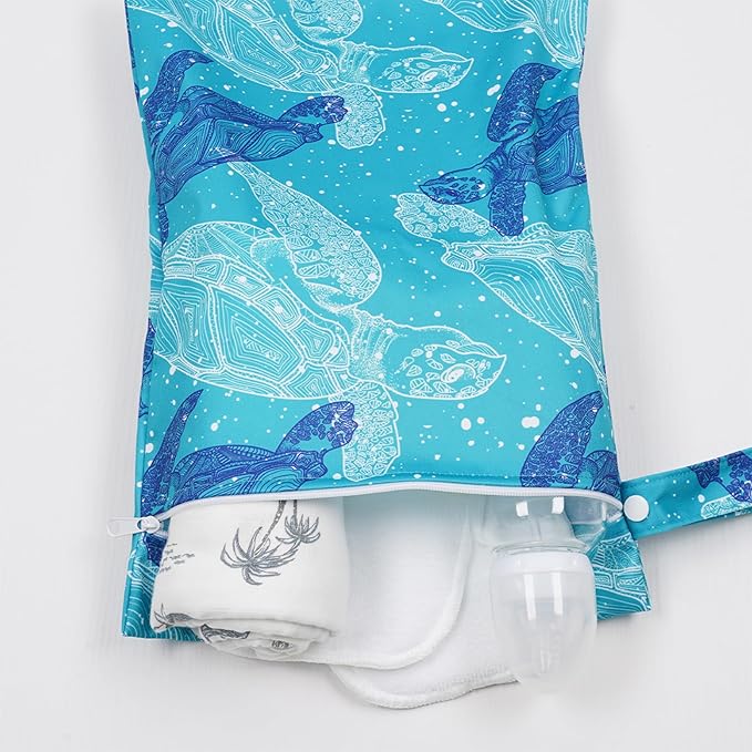 2 Pcs Wet Bags Waterproof Reusable Zippered Pocket Cloth Diaper Wet Dry Bags for Travel Beach Pool Swim, Baby Diapers,Gym Yoga Wet Clothes,Swimsuit,water wipes(Blue turtle)