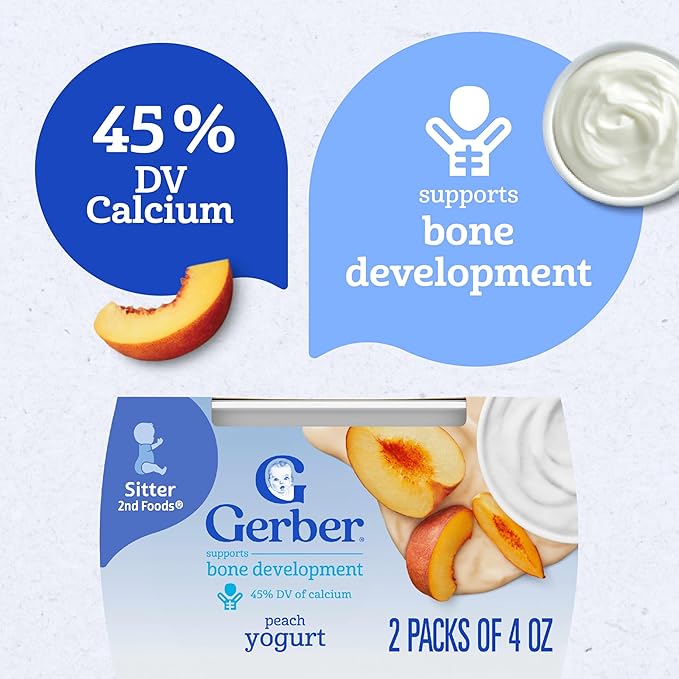 Gerber Stage 2 Baby Food, Peach Yogurt Tubs, Calcium Helps Support Bone Development, Baby Yogurt, 2-Pack