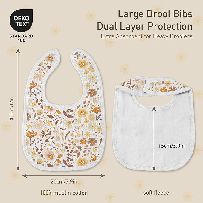 GLLQUEN BABY Muslin Drool Bibs for Boys Girls 6 Pack, Adjustable Baby Bibs for Drooling and Teething, Soft Cotton Baby Bandana Bib for Newborn Feeding Essentials (Sunny Bloom Garden)