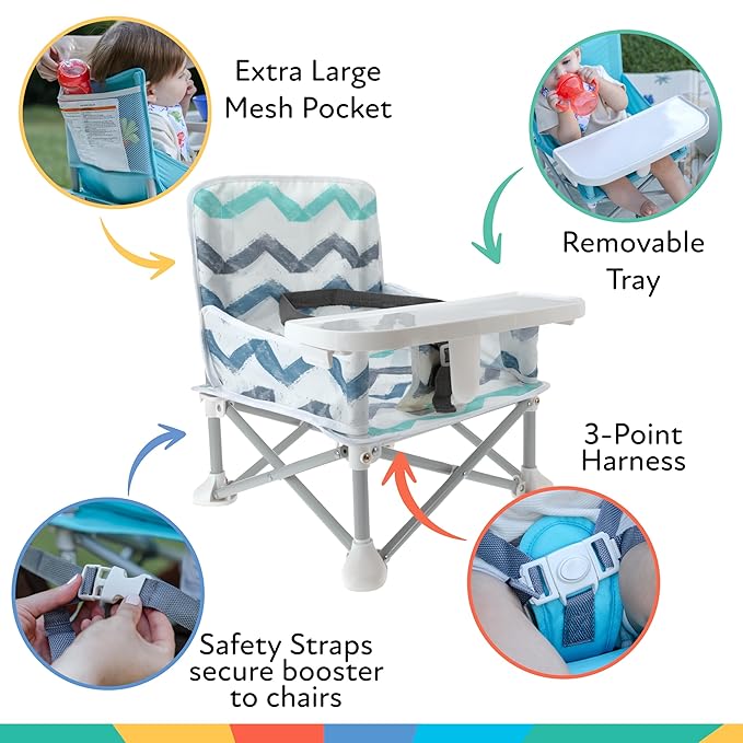 Nuby Pop-Up Booster Seat with Removable Tray - 6+ Months - Portable Booster Seat for Floor for Indoor/Outdoor Use - 3-Point Safety Adjustable Straps - Summer Travel Essentials - Chevron