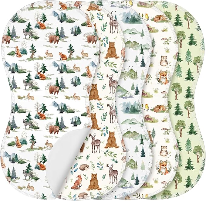 SmoothNovelty 5 Pack Woodland Animal Baby Burp Cloths Soft Absorbent Burping Rags for Newborns 19"x9" Spit up Cloths for Boy Girl Newborn Baby Shower Registry Gifts Set Nursery Decor