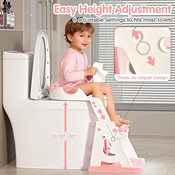Potty Training Seat, 2 in 1 Potty Training Toilet with Step Stool for Boys Girls, Toddler Toilet Seat with Stabilizer Crossbar, Anti-Slip Pads and Splash Guard, Pink