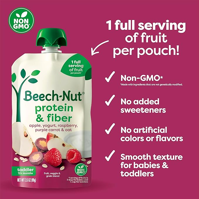 Beech-Nut Baby & Toddler Food Pouches with Protein and Fiber, Apple Yogurt Raspberry Purple Carrot & Oat Puree, 3.5 oz (12 Pack)
