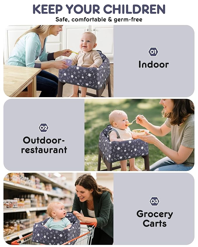Baby High Chair Cover Restaurant with Strap Pads & 3-Point Harness, Machine Washable, Waterproof Portable Highchair Covers for Eating, Travel, Home Use - Fits Wooden Chairs, Grey Stars