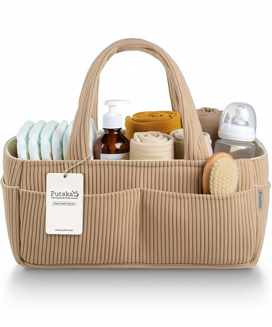 PUTSKA Baby Diaper Caddy Organizer for Changing Table – Stylish Nursery Storage Basket, Newborn Essentials, Baby Shower Gifts and Registry Must-Haves for Boy or Girl, Car Diaper Caddy, Corduroy Mocha