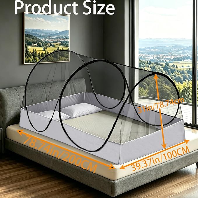 CMINGJ Portable Mosquito Net Foldable Pop-Up Travel Mosquito Net for Bed Free Installation-Suitable for Baby Adults Bedroom, Camping, nap, Patio (Large-Bottom Zipper(Black net))
