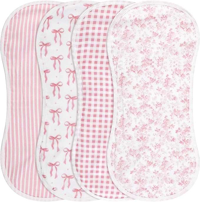 Boao 4 Pack Baby Burp Cloths Pink Bow Rayon Cotton Baby Burping Cloths 21" x 10" Soft Muslin 7 Absorbent Layers Washcloths Newborn Face Towels for Teething Drooling Infant Boy Girl Unisex