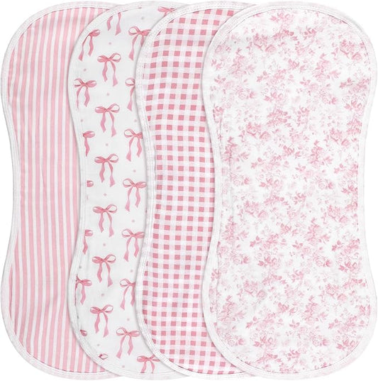 Boao 4 Pack Baby Burp Cloths Pink Bow Rayon Cotton Baby Burping Cloths 21" x 10" Soft Muslin 7 Absorbent Layers Washcloths Newborn Face Towels for Teething Drooling Infant Boy Girl Unisex