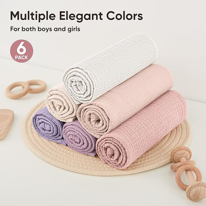 Bearmoss 6 Pack Large Muslin Burp Cloths, 100% Cotton Soft Baby Burping Cloths for Boy, Girl, 23.6" X 23.6" Absorbent Milk Spit Up Rags, Newborn Essentials (Pink Purple)