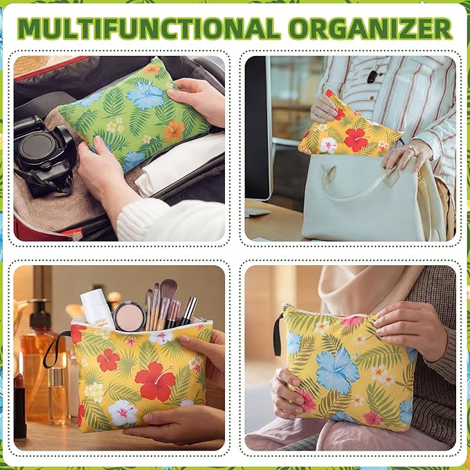 4 Pack Hawaiian Wet Dry Bags for Swimsuit Travel Beach Diaper Bag Waterproof Makeup Zipper Pouch with Handle Hawaii Flower Palm Leaves Cosmetic Toiletry Pouch for Women Gifts, Pool, Gym