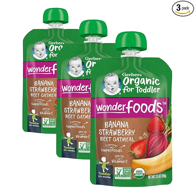 Gerber Organic Baby Food WonderFoods Banana Strawberry Beet & Oatmeal, 3.5 Oz Pouch (Pack of 3)