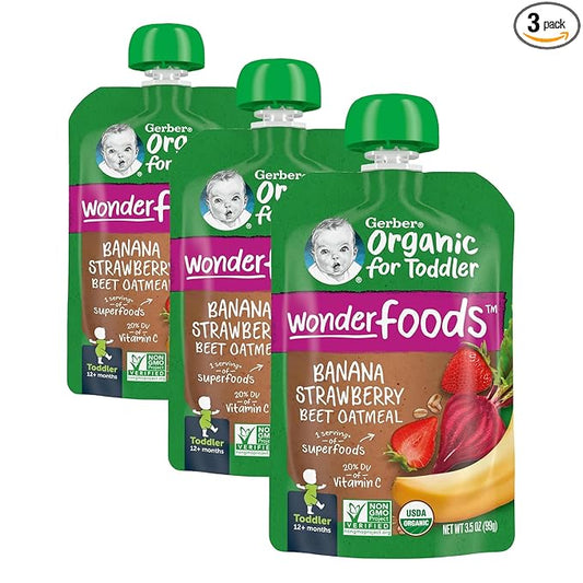 Gerber Organic Baby Food WonderFoods Banana Strawberry Beet & Oatmeal, 3.5 Oz Pouch (Pack of 3)