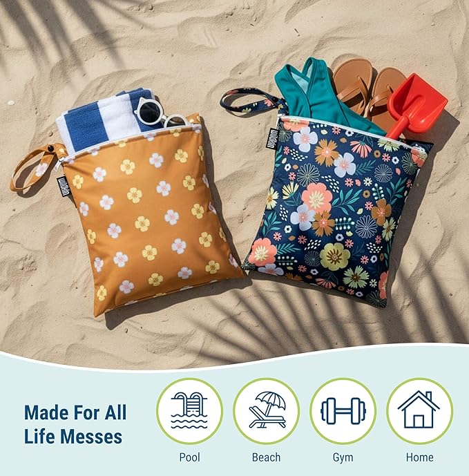 Wildkin Wet Bag Set for Boys, & Girls – Durable Zipper with Snap Loop Handle, Reusable Water-Resistant Bags for Beach, Pool, Travel & Gym - Wildflower Bloom
