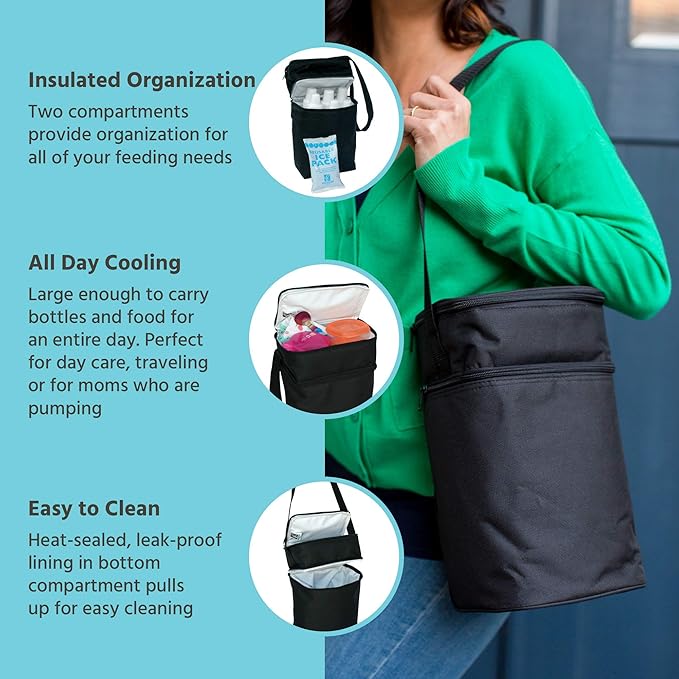 J.L. Childress Six Bottle Breast Milk Cooler Travel Bag - Insulated Baby Bottle Storage Bag, Portable Organizer Pack for Breast Milk, Use for Daycare or On The Go - Black Stripe