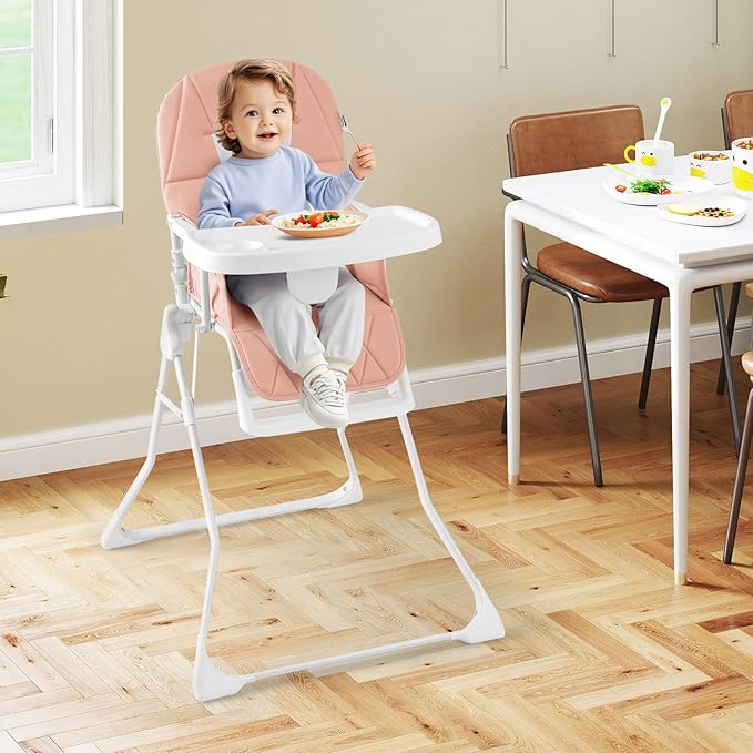 HONEY JOY High Chair, Foldable Baby Feeding Chair, Adjustable Tray & Footrest, Removable Easy-to-Clean PU Seat Cushion, 5-Point Harness, Cup Holder, Highchairs for Babies and Toddlers (Pink)