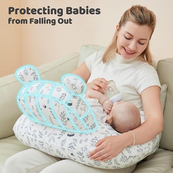 lasoftan Nursing Pillow for Breastfeeding, Breast Feeding Pillow for Mom Support, Adjustable Waist Strap and Removable Cotton Cover, Leaves