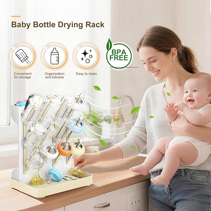 Vertical Baby Bottle Drying Rack, Space-Saving Countertop Storage Stand, BPA-Free Organizer for Baby Bottles and Pacifiers - Warm Beige