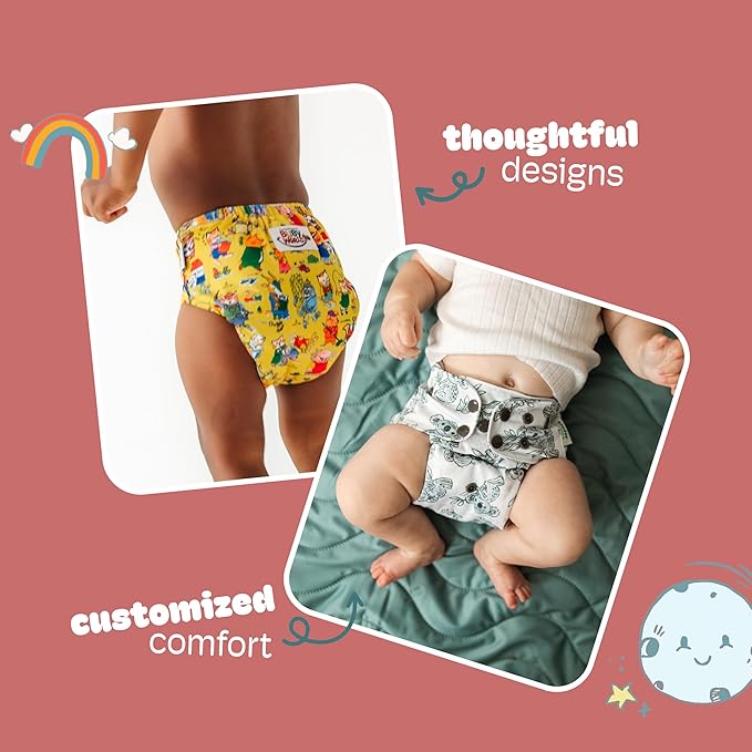 Kinder Cloth Diapers Reusable Baby Diapers Pocket Style Athletic Wicking Jersey, Bamboo Viscose Inserts, Wet Bag, Newborn to Potty Training 7-60lbs, One Size (Garden Party, 5 Pack, with Inserts)