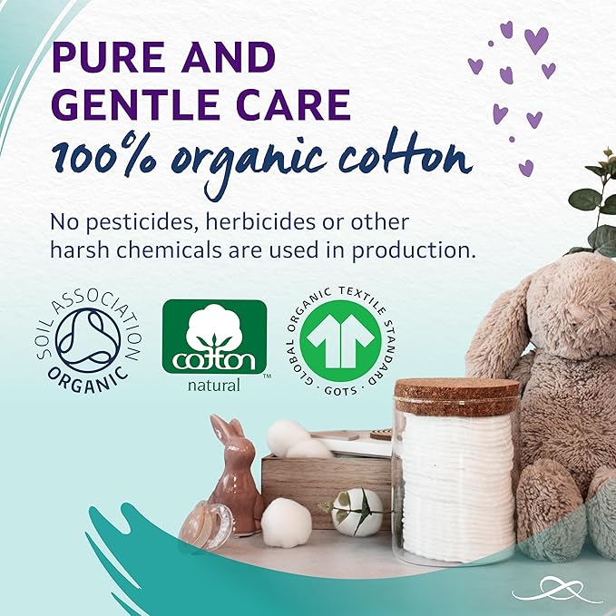 Lil-Lets Baby Cotton Wool Oval Pads, 50 Count, Certified Organic, 100% Pure Cotton Wool, Soft and Absorbent, Gentle on Baby's Delicate Skin, Dermatologically Tested, Ideal for Newborns