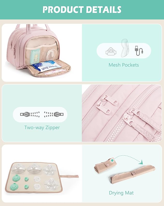 Wearable Breast Pump Bag Compatible with Momcozy and Eufy, Portable Pumping Bag with Cooler Compartment, Breast Pump Carrying Case with Drying Mat for Work, Travel and Family Use, Pink