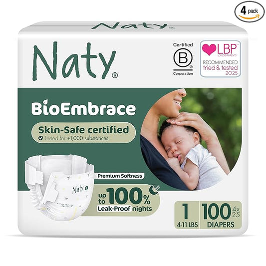 Naty BioEmbrace Baby Newborn Diapers | Sensitive Skin Safe Certified | Leak Protection up to 100% | Plant-Based Teddy Softness, Premium Comfort | Chlorine-Free | Size 1 (4–11 lbs), 100 Count