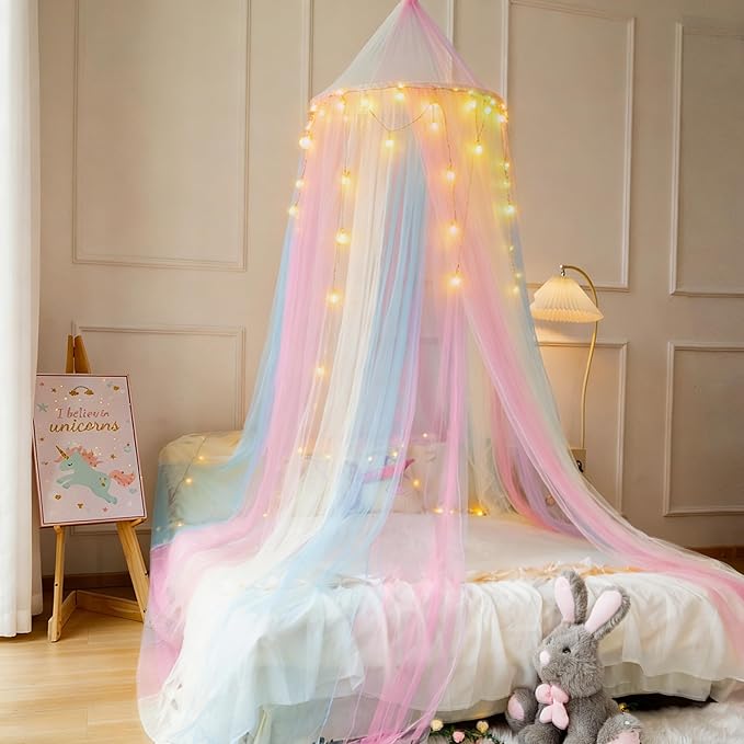 Princess Rainbow Bed Canopy with Lights for Girls Bed Net,Princess Canopy for Kids Bed Room Decor (Rainbow + Lights)