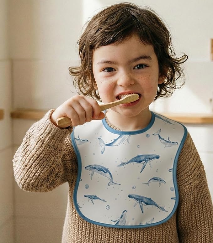 3-Pack Waterproof Baby Bibs for Eating - Mess Proof Lightweight Toddler Feeding Bibs with Large Food Catcher, Food-Grade Baby Eating Essentials, Easy to Put On & Clean(Blue Ocean Whale)