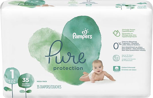 Diapers Newborn/Size 1 (8-14 lb), 35 Count - Pampers Pure Protection Disposable Baby Diapers, Hypoallergenic and Unscented Protection, Mega Pack (Old Version)